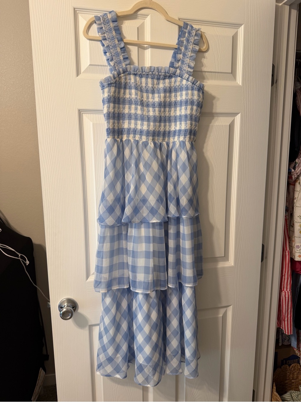 English Factory Blue and White Gingham Smocked Midi Dress